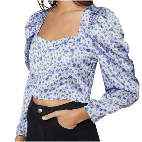 Lost & Wander Violetta Sweetheart Neck Balloon Sleeve Smocked Floral Top Lg NEW - Picture 5 of 9